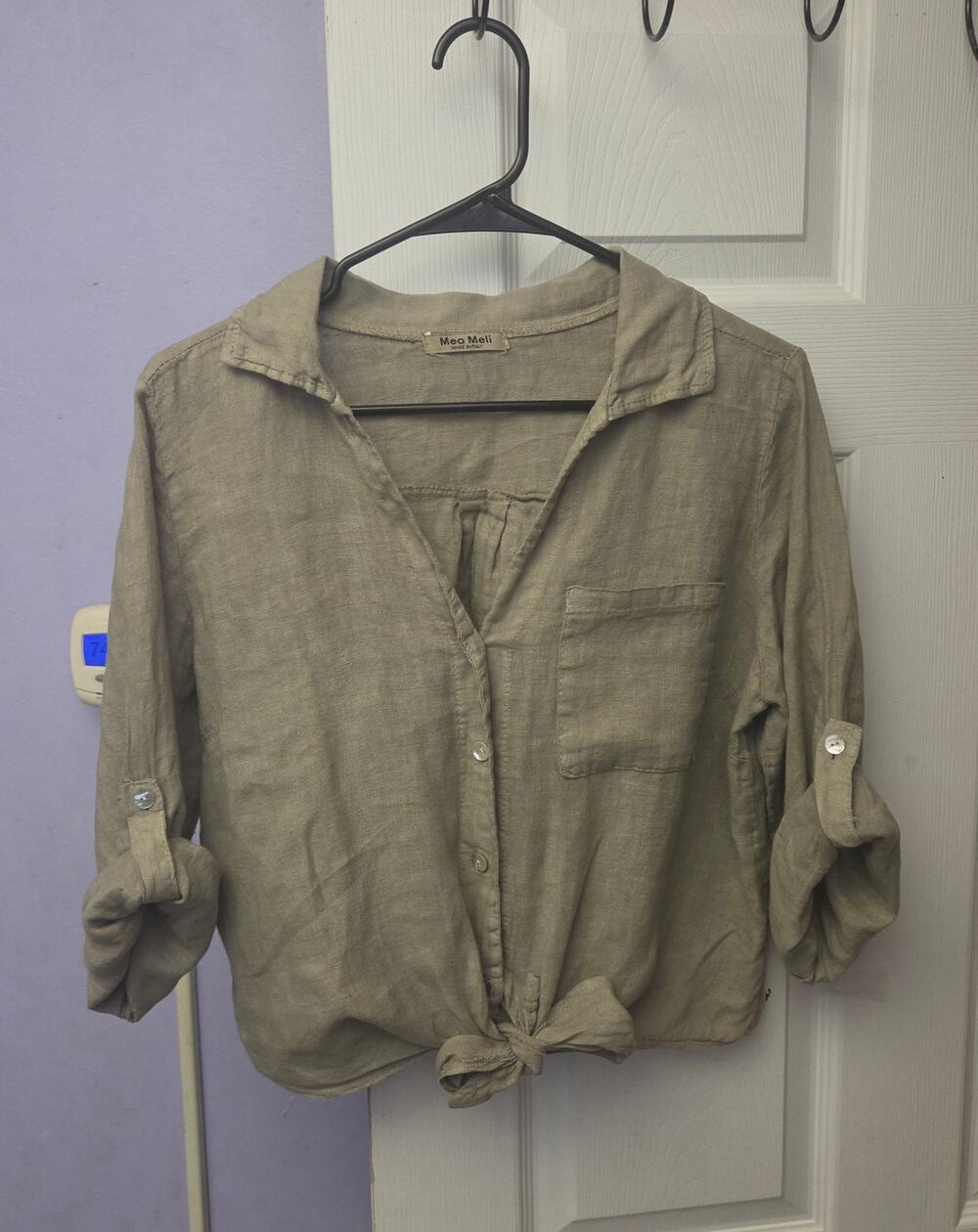 Meo Meli 100% Linen Cropped Tie Front Button Down Shirt Taupe Made Italy